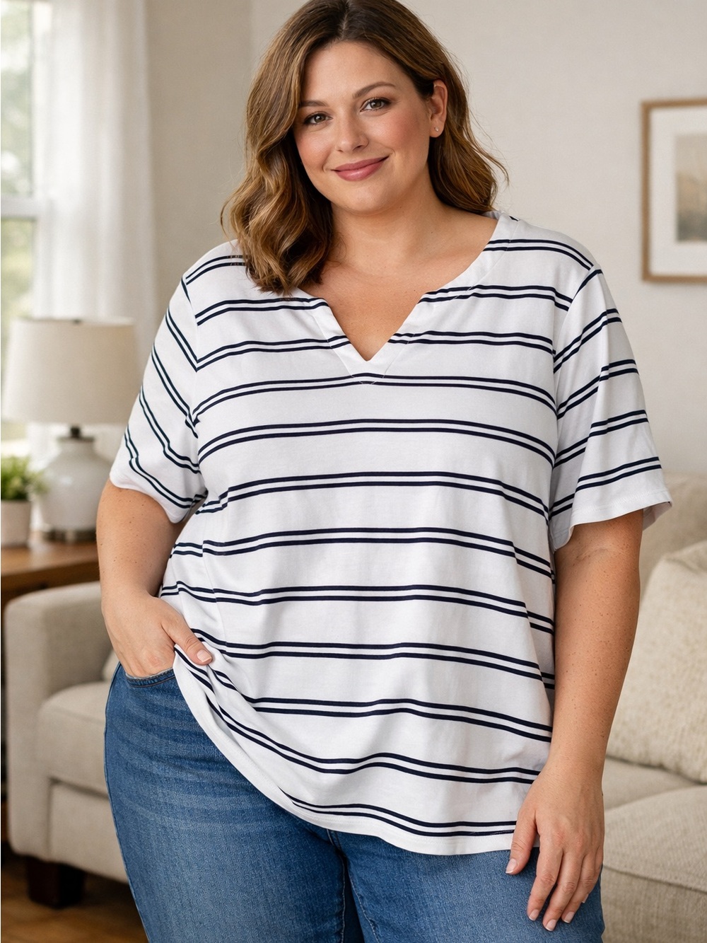 Craft & Barrow White & Navy Striped V‑Neck Cotton Tee | Size 1X Comfy Coastal